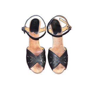 Vintage Retro Connie Open Toe Black Leather 2” Women’s Pumps Heels size 6.5-7